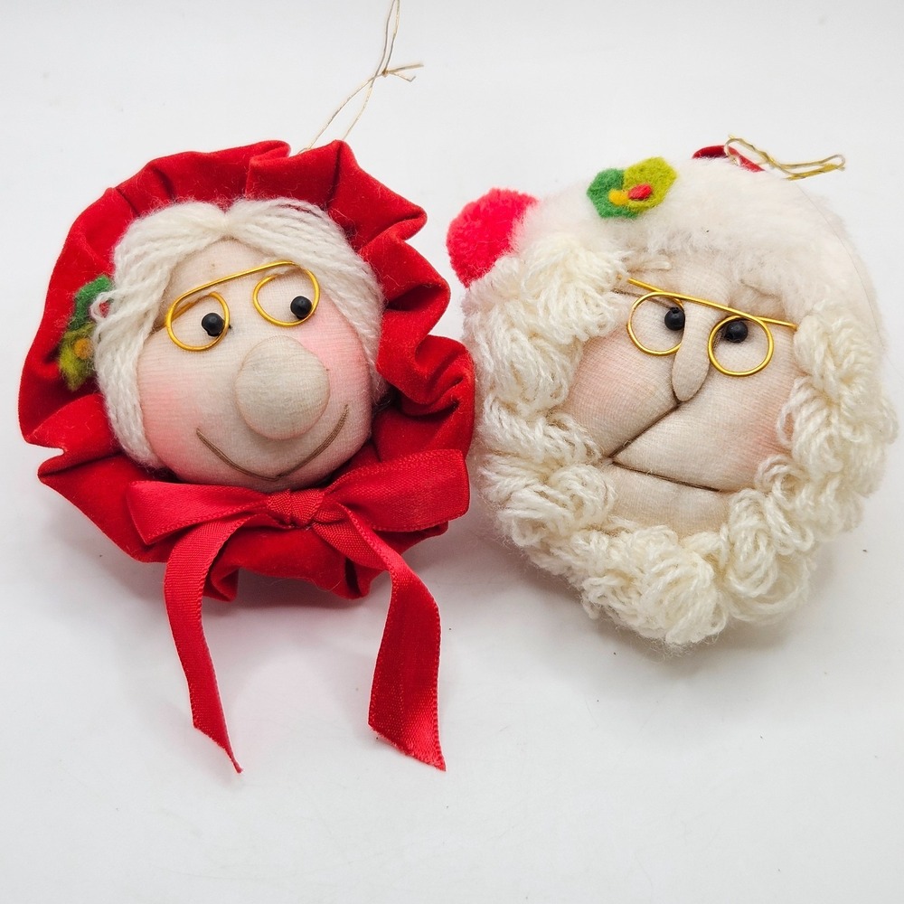 Vintage Mr & Mrs Claus Plush Face Christmas‎ Ornaments Handmade Yarn Hair Set 2